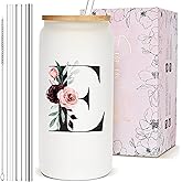 Personalized Customizable Gifts for Women, Cute Glass Cups with Lids and Straws, Customized Letter Iced Coffee Cup Drinking Glasses Initial Mug Tumbler, Birthday Boss Lady Gifts for Women Coworker, E