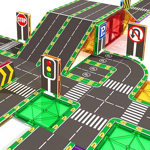 64PCS Magnetic Tiles for Kids Ages 3-5 4-8 Magnetic Building Blocks Road Expansion Pack for Toddlers Creative Learning Construction Toys Gift for Kids 3 4 5 6 7+Year Old Boys Girls Christmas Birthday
