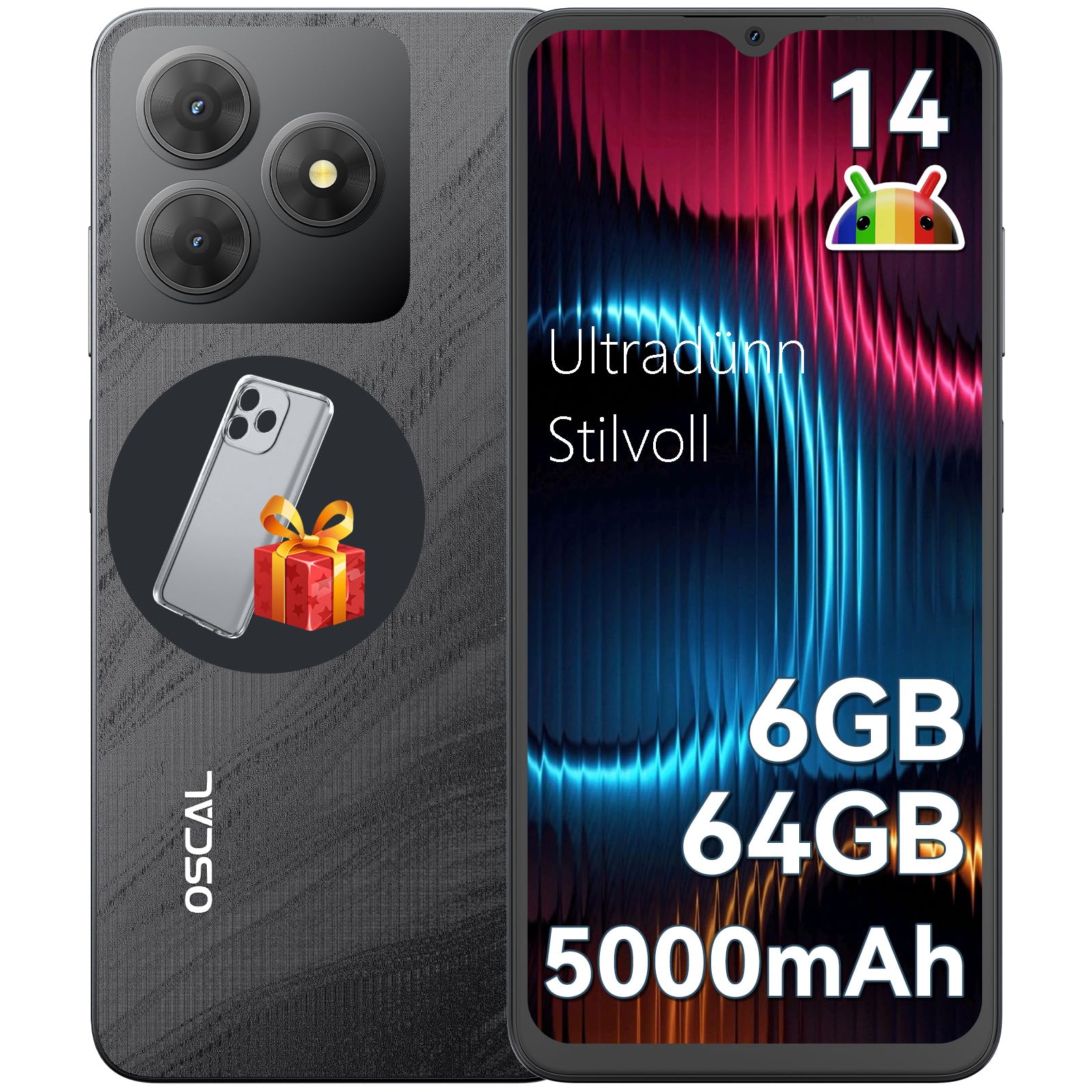 OSCAL Flat 2C Mobile Phone Without Contract Android 14, 6GB + 64GB/2TB TF, Octa-Core 6.56 Inch HD+, 5000 mAh Battery, 13MP + 8MP Camera, 4G Dual SIM Smartphone Without Contract Cheap Simlock-Free