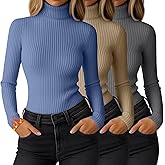 Ficerd 3 Pack Women's Ribbed Thermal Turtleneck Tops Long Sleeve Stretch Shirts Knitted Fitted Lightweight Base Layer
