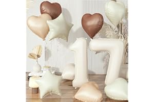GOVPY 17th Birthday Balloons Decor, Helium Beige Cream Neutral 17 Balloon, Brown Tan White Sand Taupe Heart Balloon with Foil Nude Star 40'' 17 Balloon for Girls Birthday Anniversary Party Boho Decoration