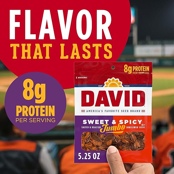 DAVID JUMBO SUNFLOWER SEEDS, SWEET AND SPICY FLAVOR, EASTER BASKET STUFFER FOR BASEBALL PLAYERS, 5.25 OZ.