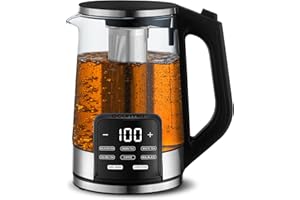 Gourmia Electric Programmable Glass Kettle – 1.7L Temperature Control Tea & Coffee Kettle with Digital Touch Display, 6 Presets, Keep Warm, Removable Stainless Steel Infuser, 360° Swivel Base – Black