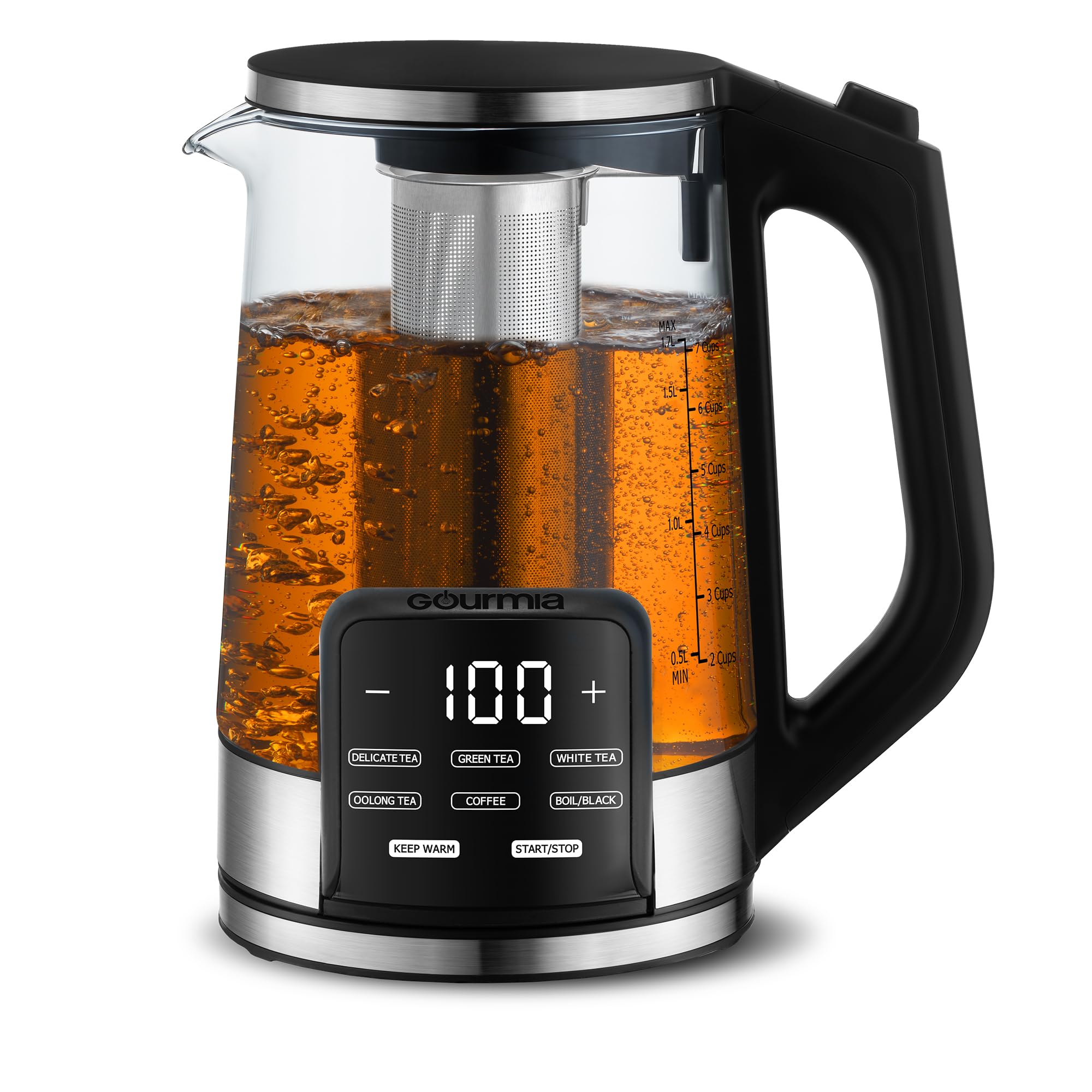 Gourmia Hervidor eléctrico de vidrio programable - Hervidor de té y café con control de temperatura de 1,7 L con pantalla táctil digital, 6 presintonías, mantiene caliente, infusor de acero inoxidable extraíble, base giratoria de 360° - Negro