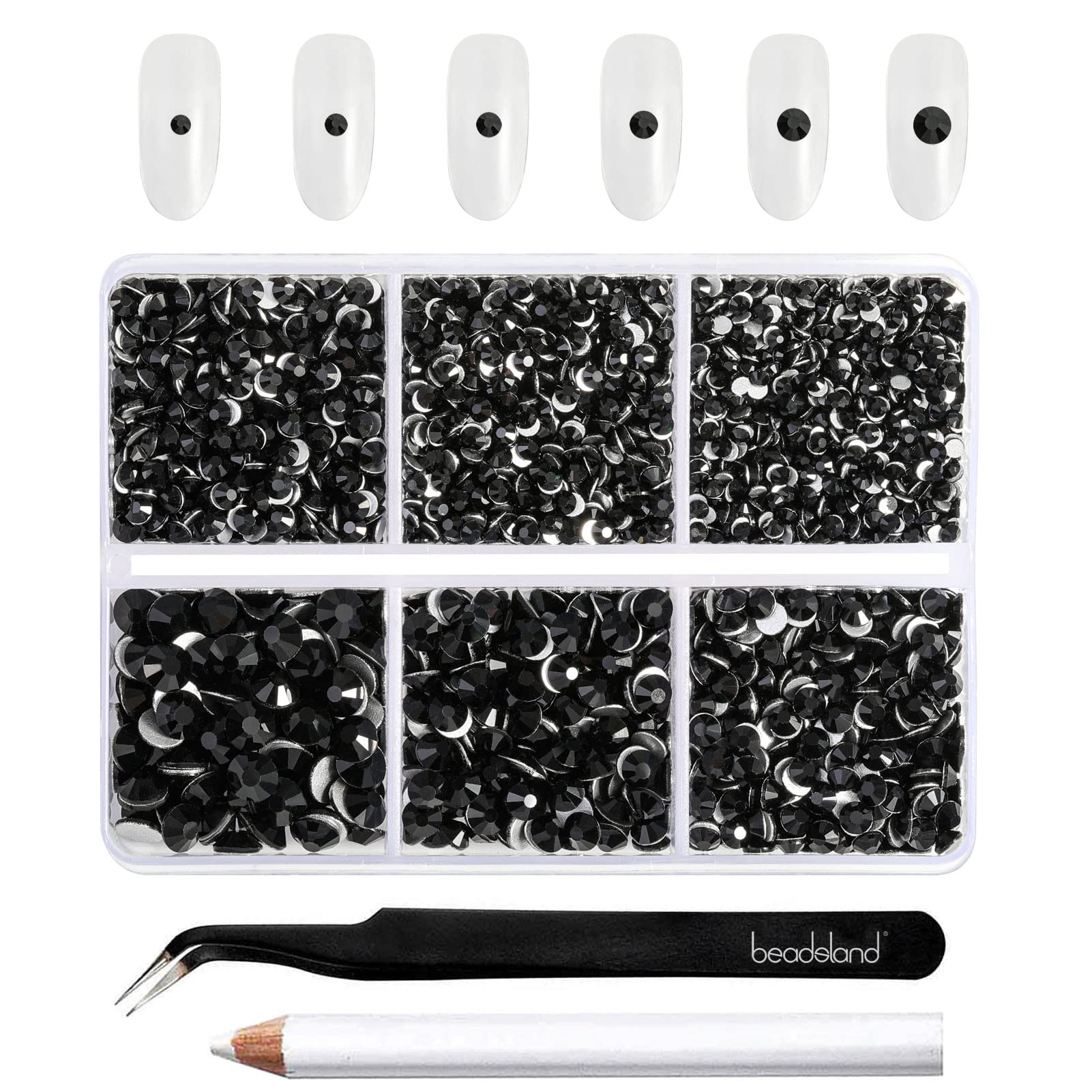 Beadsland 4300pcs Flatback Nail Rhinestones,Black Rhinestones Round Crystal Gems for Crafts,Mixed 6 Sizes with Picking Tweezers and Wax Pencil Kit, SS6-SS20,Jet Black — image 1