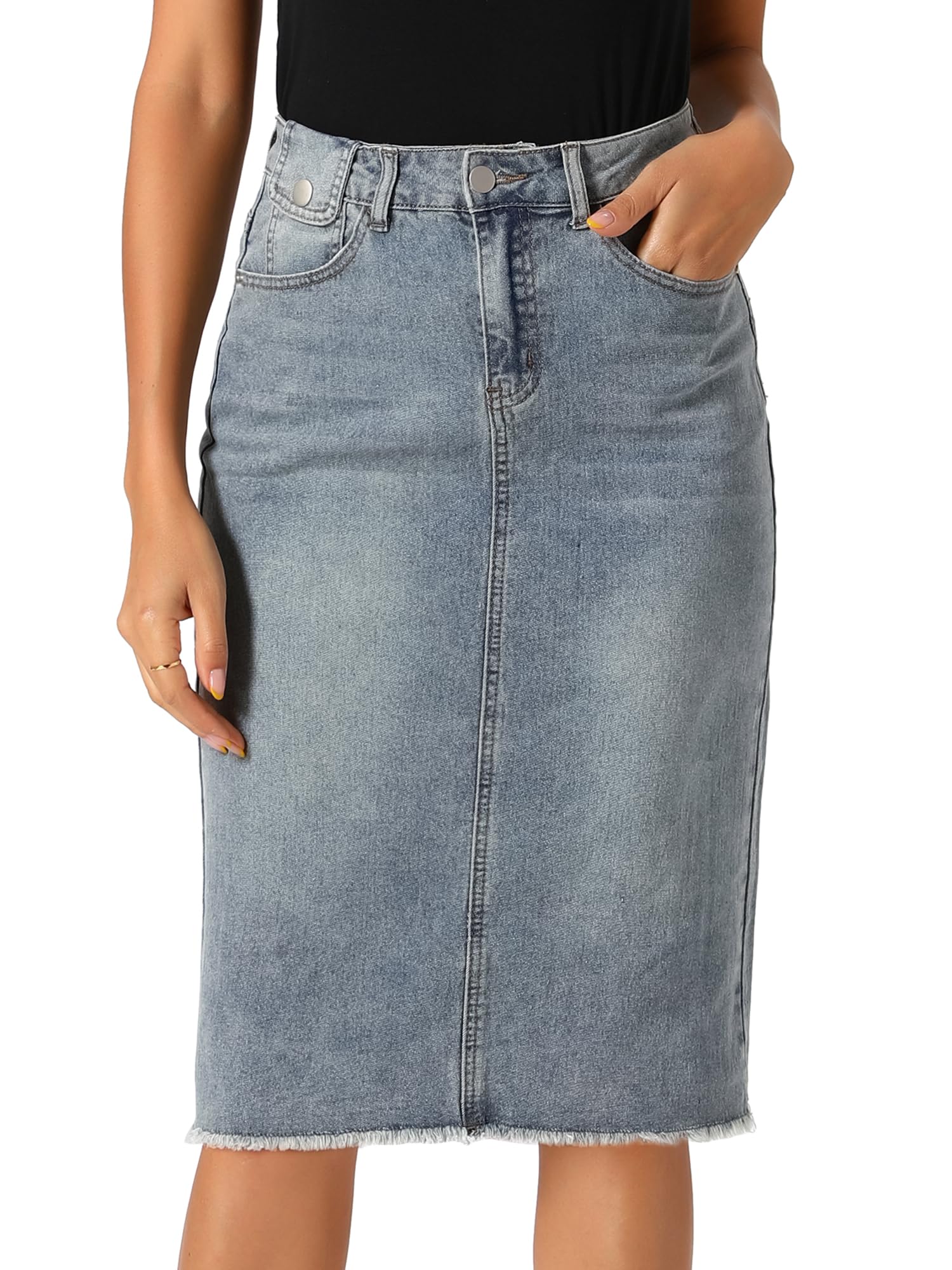 Photo 1 of Allegra K Women's Casual Jean Skirt High Waist Back Slit Stretch Denim Skirts Small Grey Blue, Small
