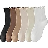 Rueesh 6 Pairs Breathable Women Warm Ruffle Ankle Socks Winter Cozy Knit Cotton Crew Socks Soft Thermal Frilly Calf Socks