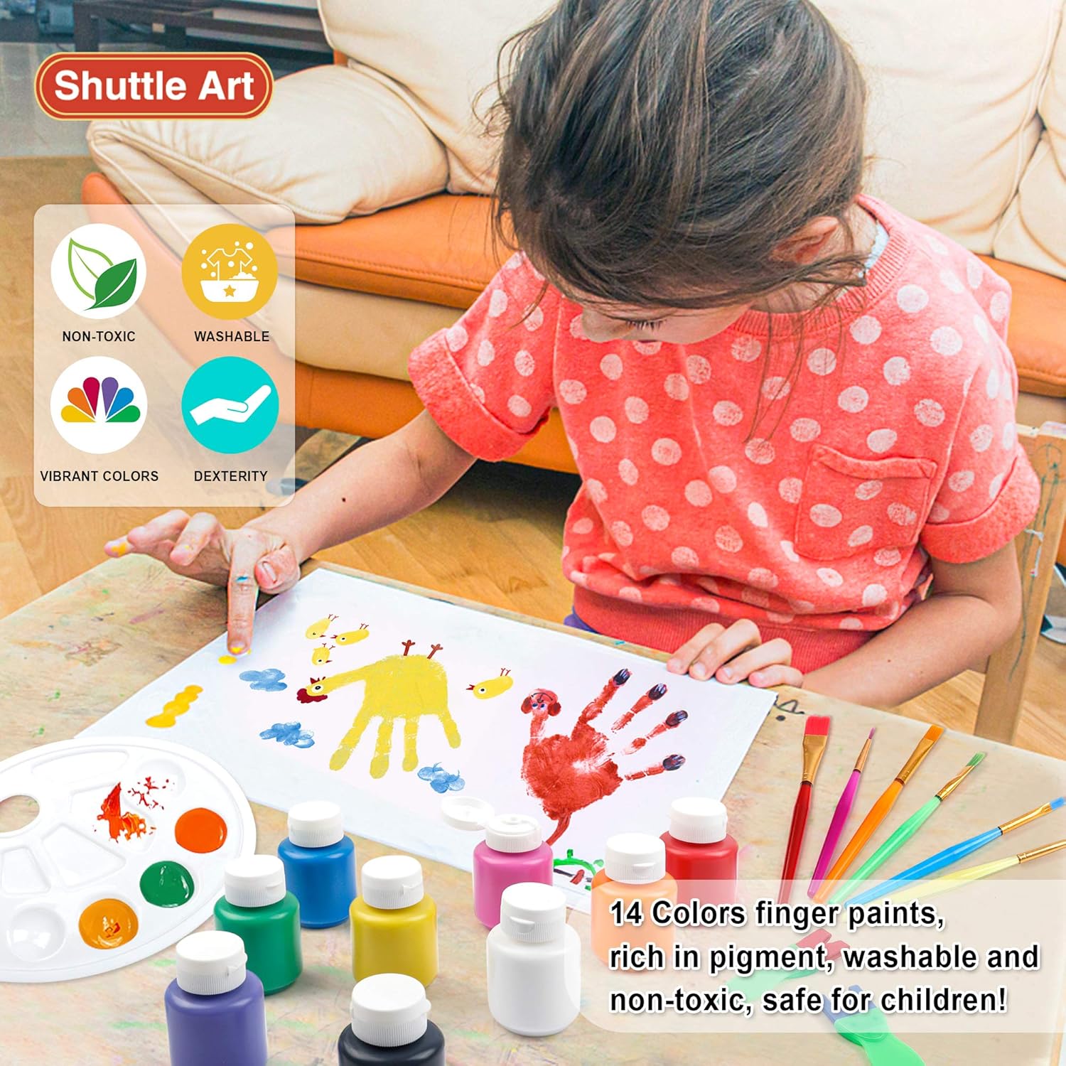 Washable Finger Paint Set, Shuttle Art 46 Pack Kids Paint Set with 14 Colors(60ml) Finger Paints, Brushes, Finger Paint Pad, Sponge, Palette, Smock, NonToxic for Toddlers Home Activity Early Education: Toys & Games
