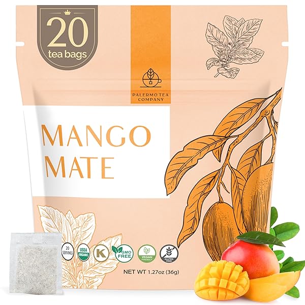 PALERMO ORGANIC YERBA MATE TEA BAGS 20 COUNT – MANGO MATE INFUSED WITH CINNAMON, ORANGE PEEL & LICORICE ROOT – ANTIOXIDANT-RICH TROPICAL MANGO FLAVOR, SWEET SPICE BLEND, UNSMOKED, VEGAN, GLUTEN-FREE