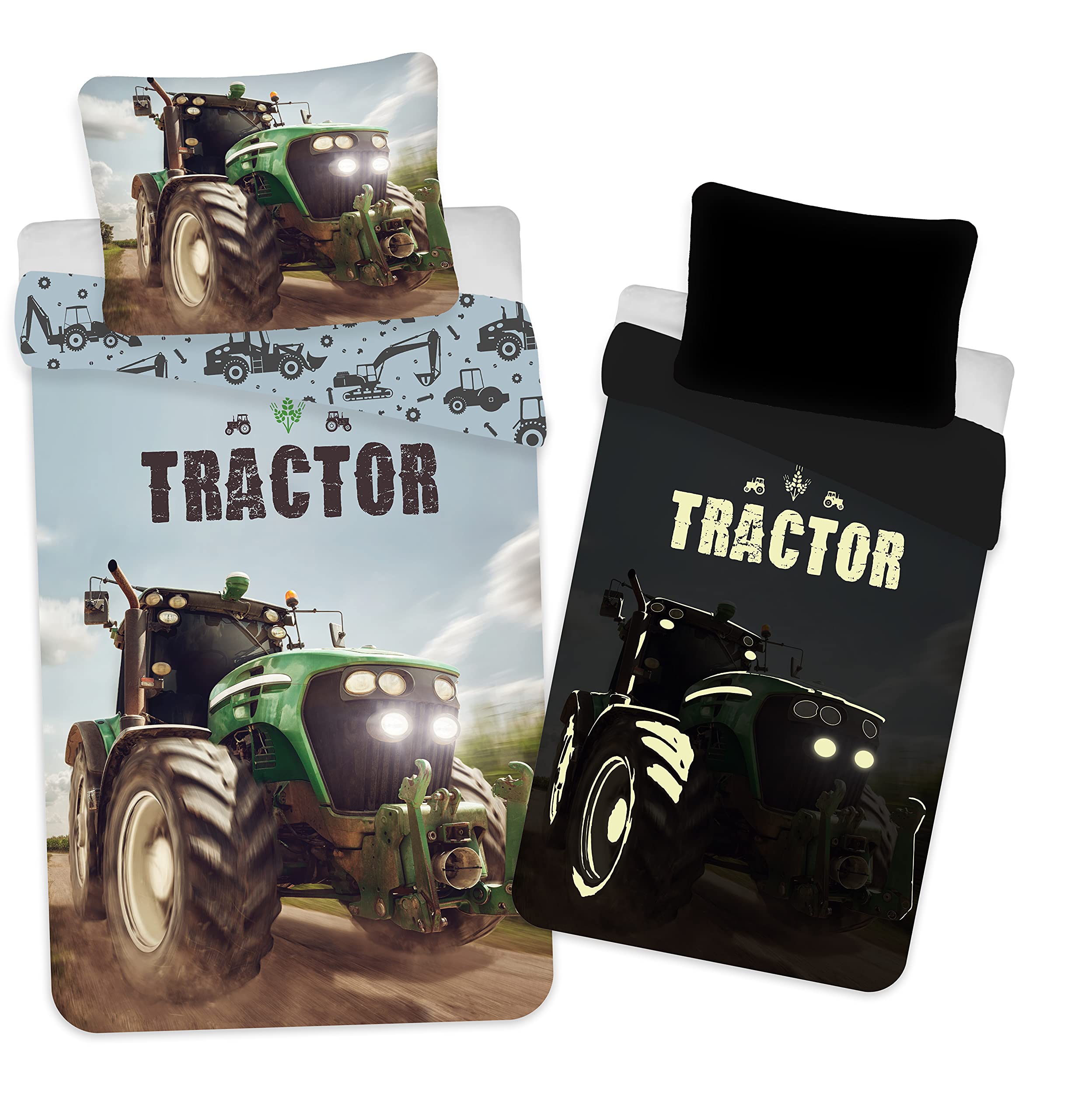 Tractor 'Glow in the Dark' Bedding Set – Reversible Duvet Cover 140 x 200 cm + Pillowcase 65 x 65 cm, 100% Cotton
