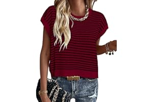 PRETTYGARDEN Womens Short Sleeve Sweater Spring Summer 2025 Round Neck Striped Pullover Cap Sleeve Knit Sweater Vest Tops