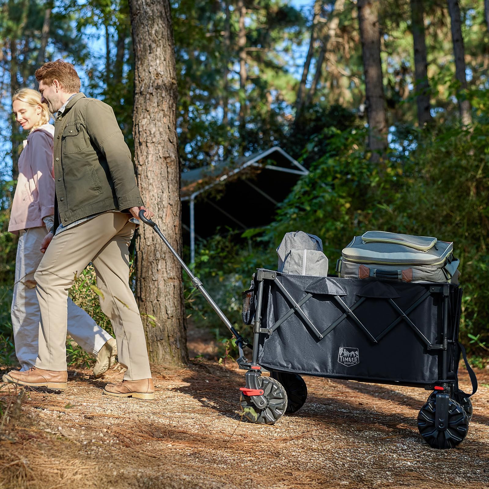 TIMBER RIDGE XXL Bollerwagen Faltbar 250L Breite Reifen mit Bremsen Strandwagen Klappbar 150KG Belastbar mit Getränkehalter All Terrain Transportwagen für Camping Einkaufen Garten 2