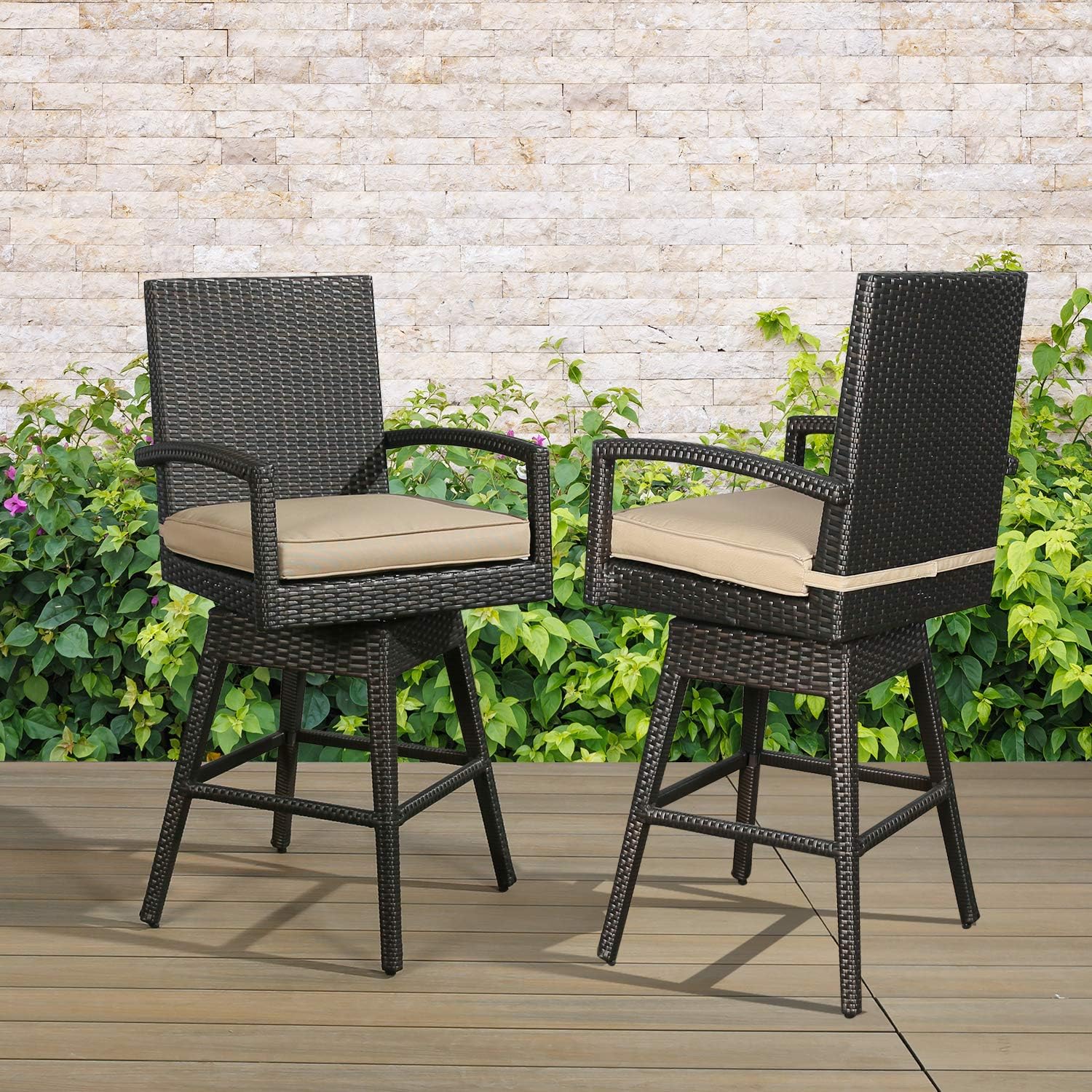 Amazon Com Ulax Furniture 2 Pack Outdoor Patio Furniture All Weather Brown Wicker Swivel Bar Stool With Cushion Furniture Decor