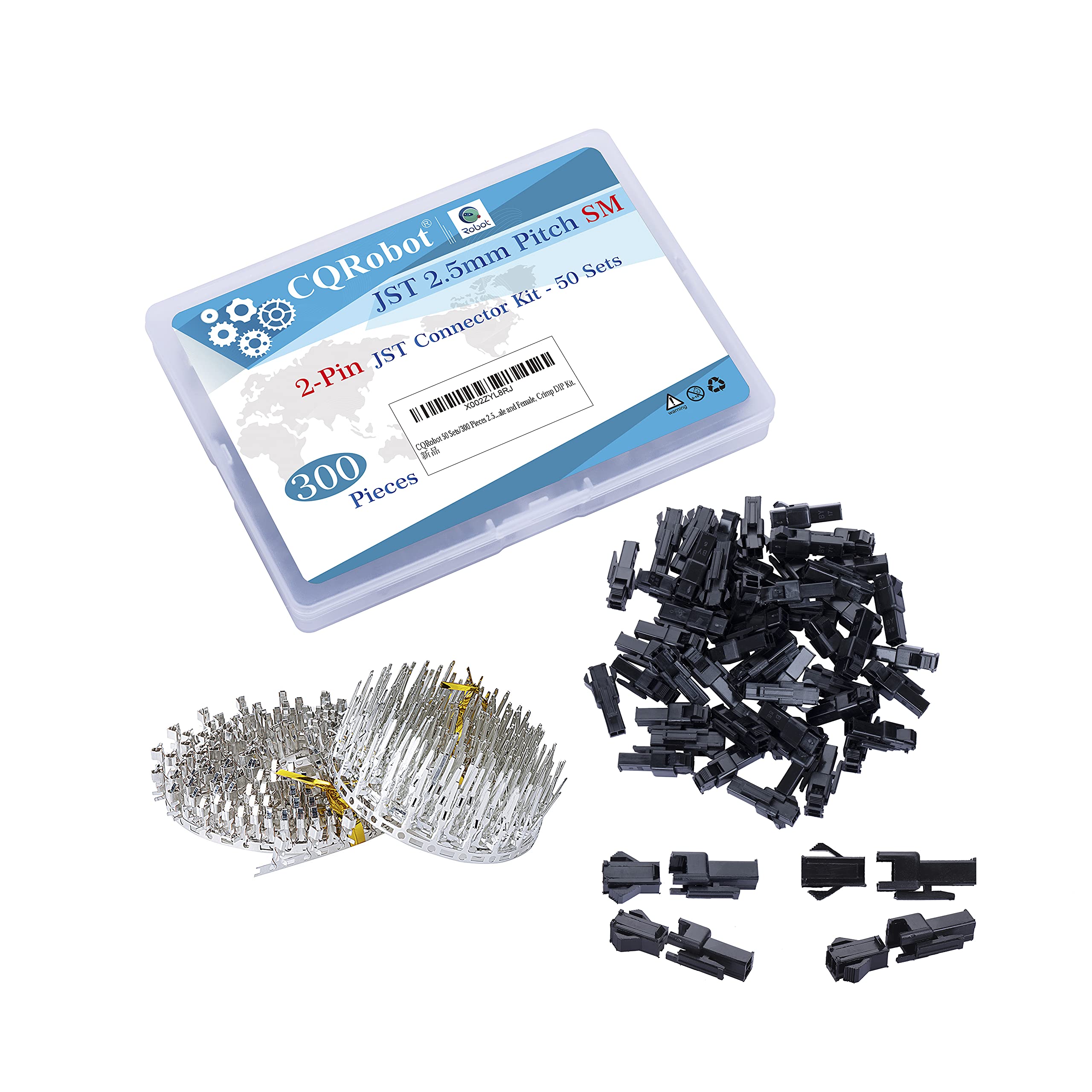 CQRobot JST SM 2.5 mm Pitch 2-Pin Electronic Connector IC Male Plugs, Female Sockets Housing and Male/Female T-Shaped Crimp Terminal Kit. 50 Sets/300 Pieces Wire-Wire Adapter Cable Assembly.