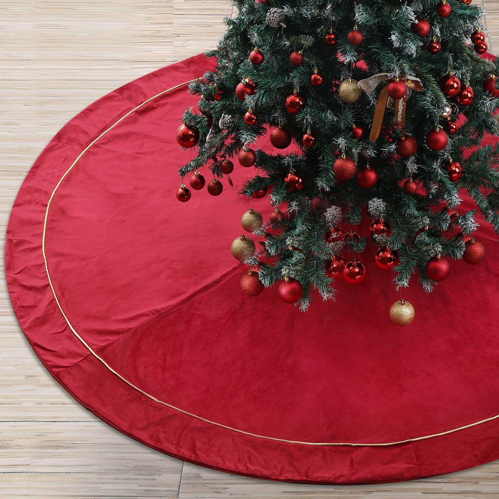 Photo 1 of 84 Inch red Tree Skirt for 7.5-15 Ft Tree Christmas Red Velvet Fur Plush Luxury Tree Skirt Large for Merry Christmas Trees Decorations Vintage Xmas Holiday Party Winter Home Decoration