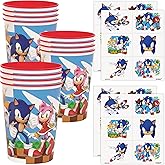 Unique Sonic 12 Count Plastic Reusable Favor Cups with 24 Tattoos - Sonic Birthday Party Decorations and Supplies, Goodie Bag Favors - Officially Licensed