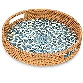 KOLWOVEN Round Rattan Tray with Handle, Rattan Serving Tray with Mother of Pearl Inlay Wooden Base, Decorative Wicker Basket for Table Decor (Blue Leaves)