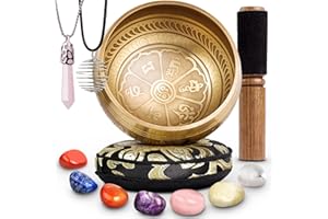 HEALING WAVES Tibetan Singing Bowl Set - 7 chakra healing crystal stones, Rose Quartz Pendulum Necklace - Handcrafted in Nepal for Meditation, Mindfulness, Yoga, Spiritual Healing and Stress Relief