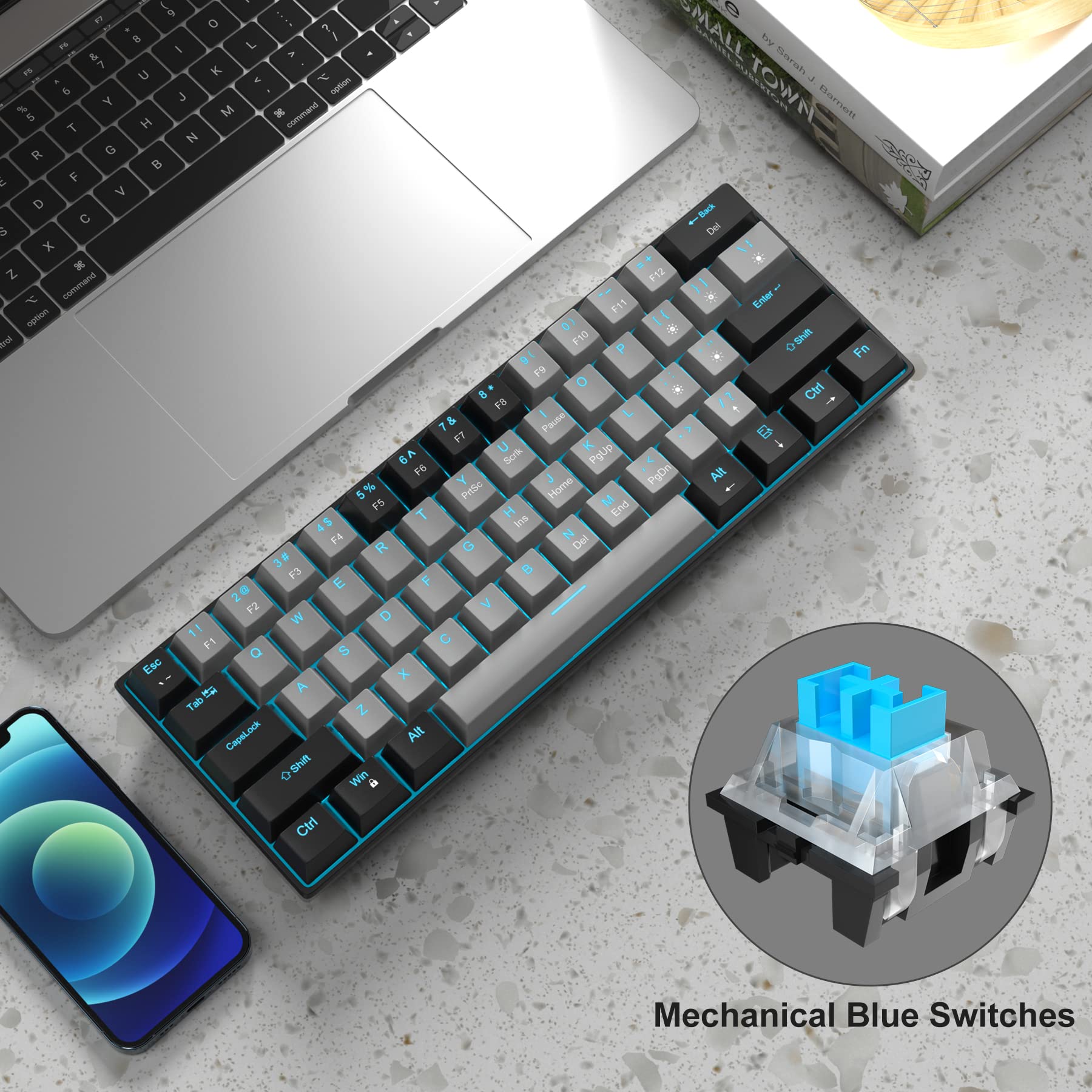 MageGee 60% Mechanical Keyboard with Blue Switches and Sea Blue Backlit Small Compact 60 Percent Keyboard Mechanical, Portable 60 Percent Gaming Key Board Gamer(Black Grey)