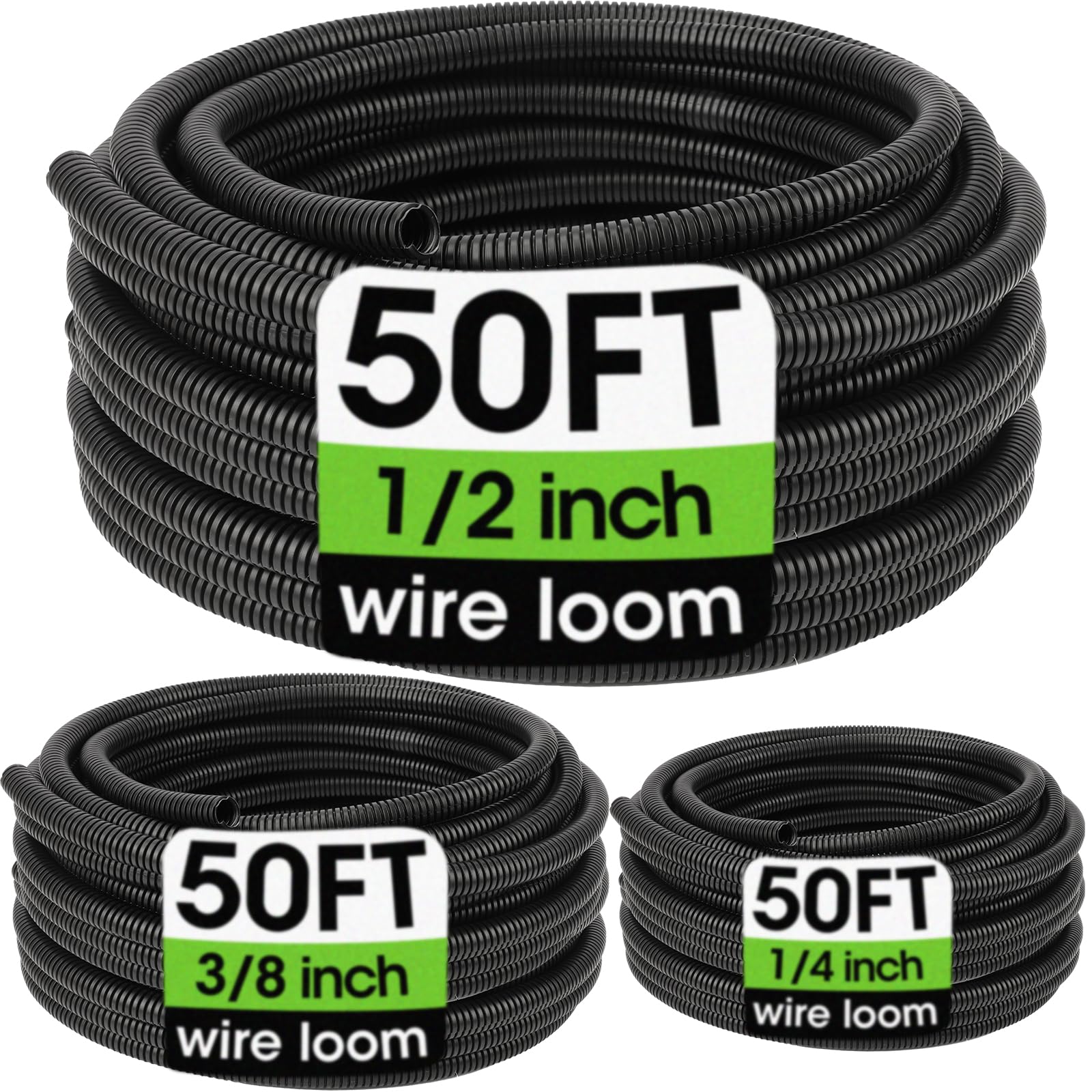 Wire Loom 1/4", 1/2", 3/8 Inch x 50 FT, Split Wire Loom Tubing Wire Conduit, Cable Sleeves Bulk Flexible Electrical Conduit Protective kit