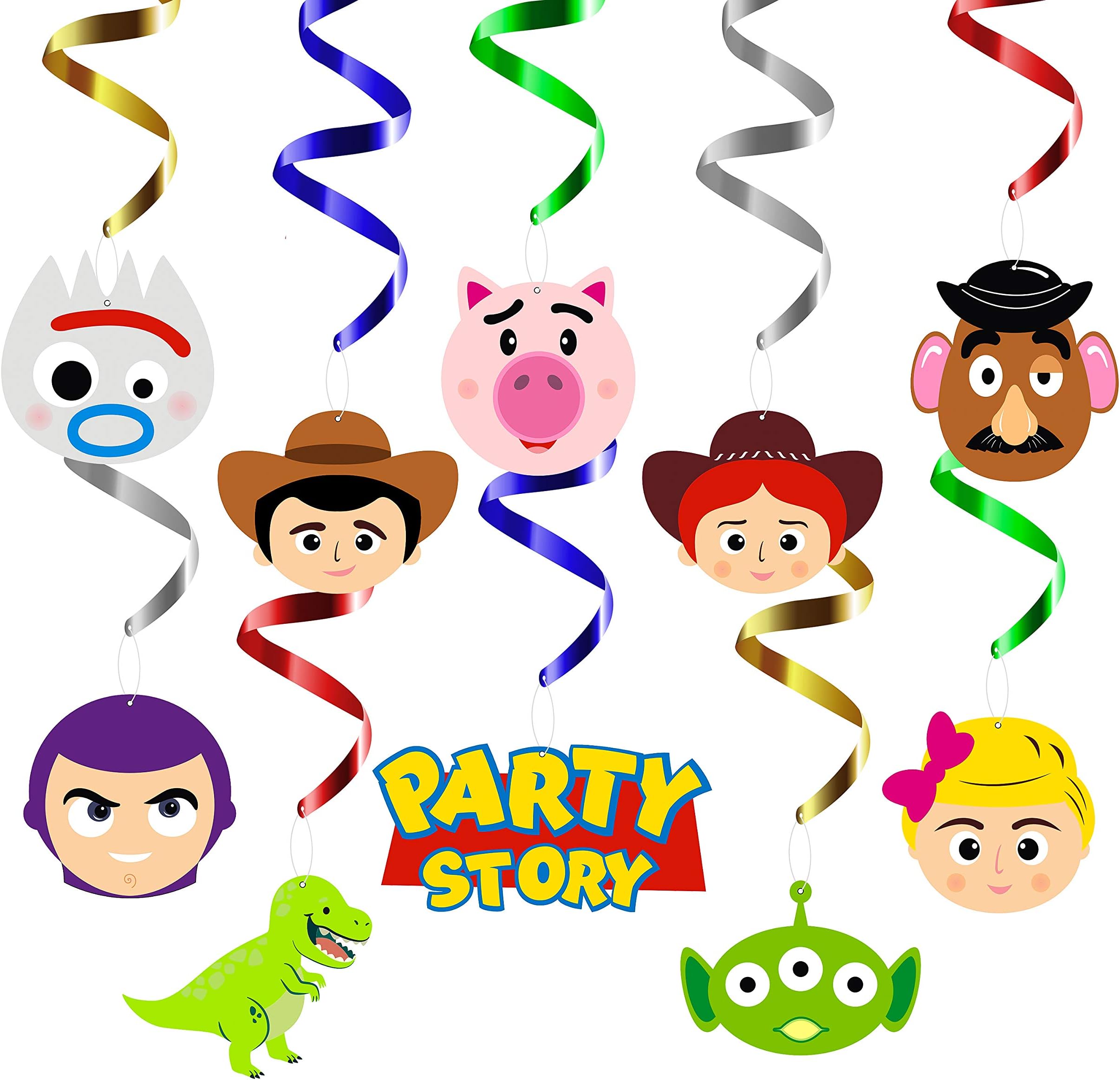 MALLMALL6 30Pcs Toy 4th Party Swirls Decorations Hanging Whirl Streamers Toy 4 Theme Birthday Party Supplies Woody Buzz Lightyear Bo Peep Jessie Rex Ceiling Spiral Room Decoration Party Favors