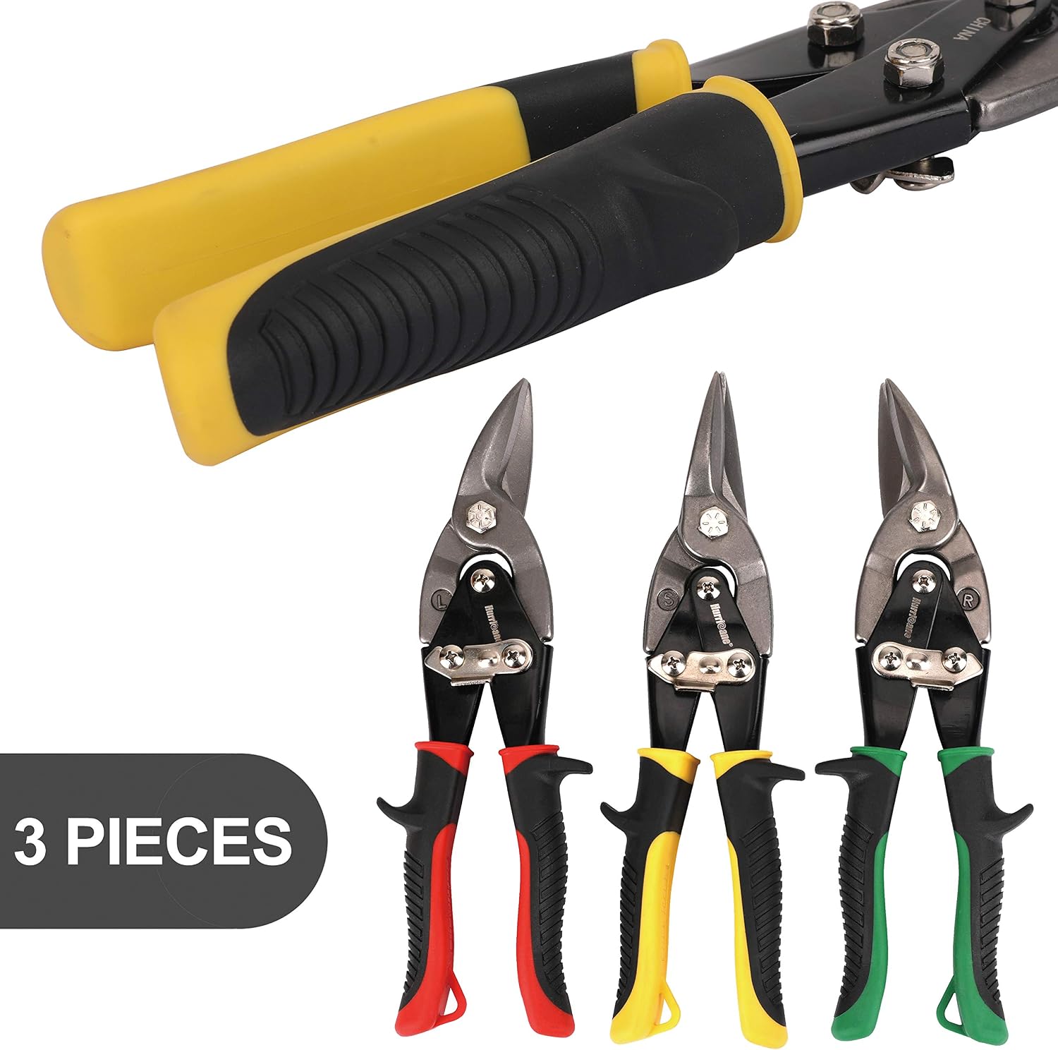 HURRICANE 3 Pcs Aviation Tin Snips Set, Metal Cutter Shear for Cut Sheet Metal Chrome Vanadium Steel, Straight Left and Right - Image 3