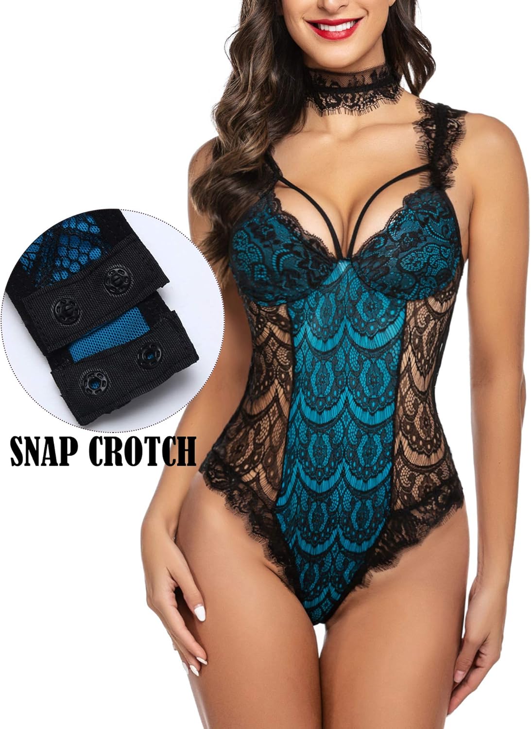ADOME Womens Snap Crotch Lingerie Sexy Lace Bodysuit with Chocker Eyelash Teddy: Clothing