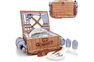 WILLOW WEAVE Picnic Baskets for 2, Picnic Basket with Waterproof Blanket, Picnic Basket Set with Washable Beach Mat & Large Insulated Cooler Compartment, Handmade Natural Wicker Hamper for Camping, Outdoor Party
