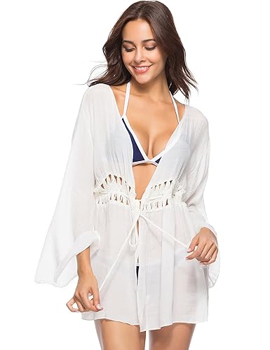 EFINNY Kimono Cardigan Bademode Bikini Cover Up Damen Sommer Strand Wear Drawstring Closure