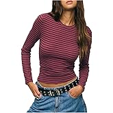 Milumia Women's Long Sleeve Striped Shirt Y2k Crew Neck Ribbed Knit Tops Going Out Shirts