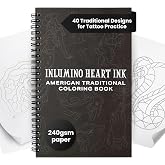 Inlumino Heart Ink Tattoo Practice Coloring Book - American Traditional | 240 GSM, 40 Pages Textured Paper for Ballpoint Practice Pen, Practice Linework &amp; Shading Skills for Tattoo Beginners