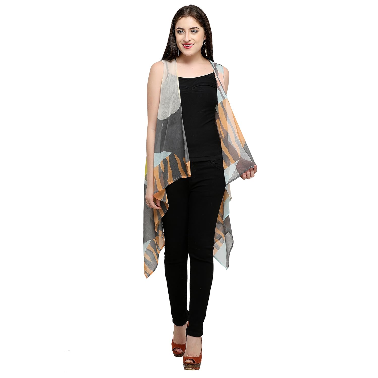 serein women's (multicoloured printed georgette sleeveless shrug/long jacket)