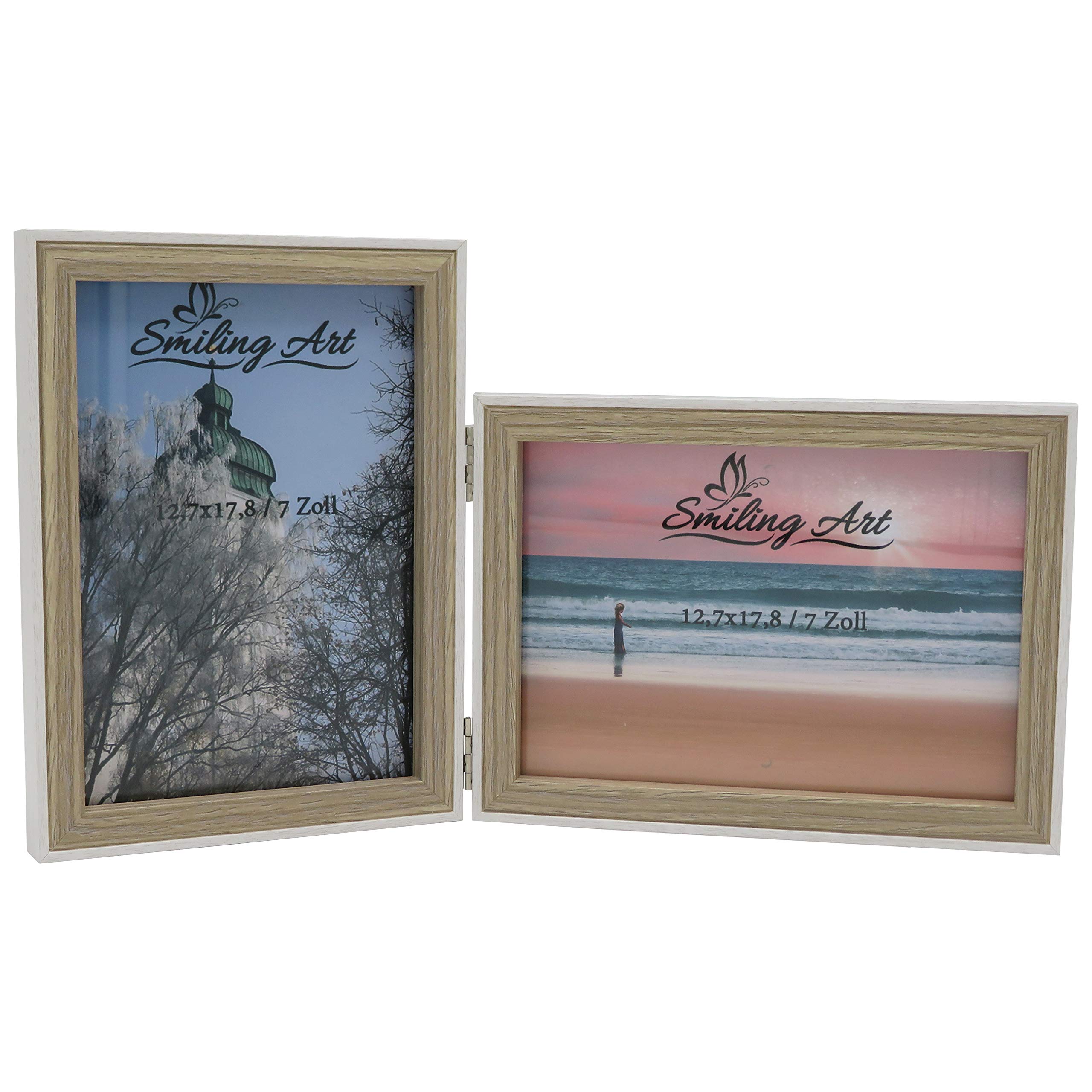 Smiling Art Photo Frame, MDF Wood, for 2 Photos, Foldable, with Glass, Double Frame in Landscape and Portrait Format, White and Beige, 2 x 13 x 18 cm — image 1