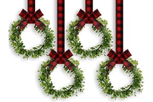 WILLBOND 4 Pcs Christmas Kitchen Cabinet Wreath Boxwood Garland with Ribbon Greenery Garland Hanging Wreaths for Cabinet Wall Window Door Fireplace Party Farmhouse Decor(Black and Red,Fabric)