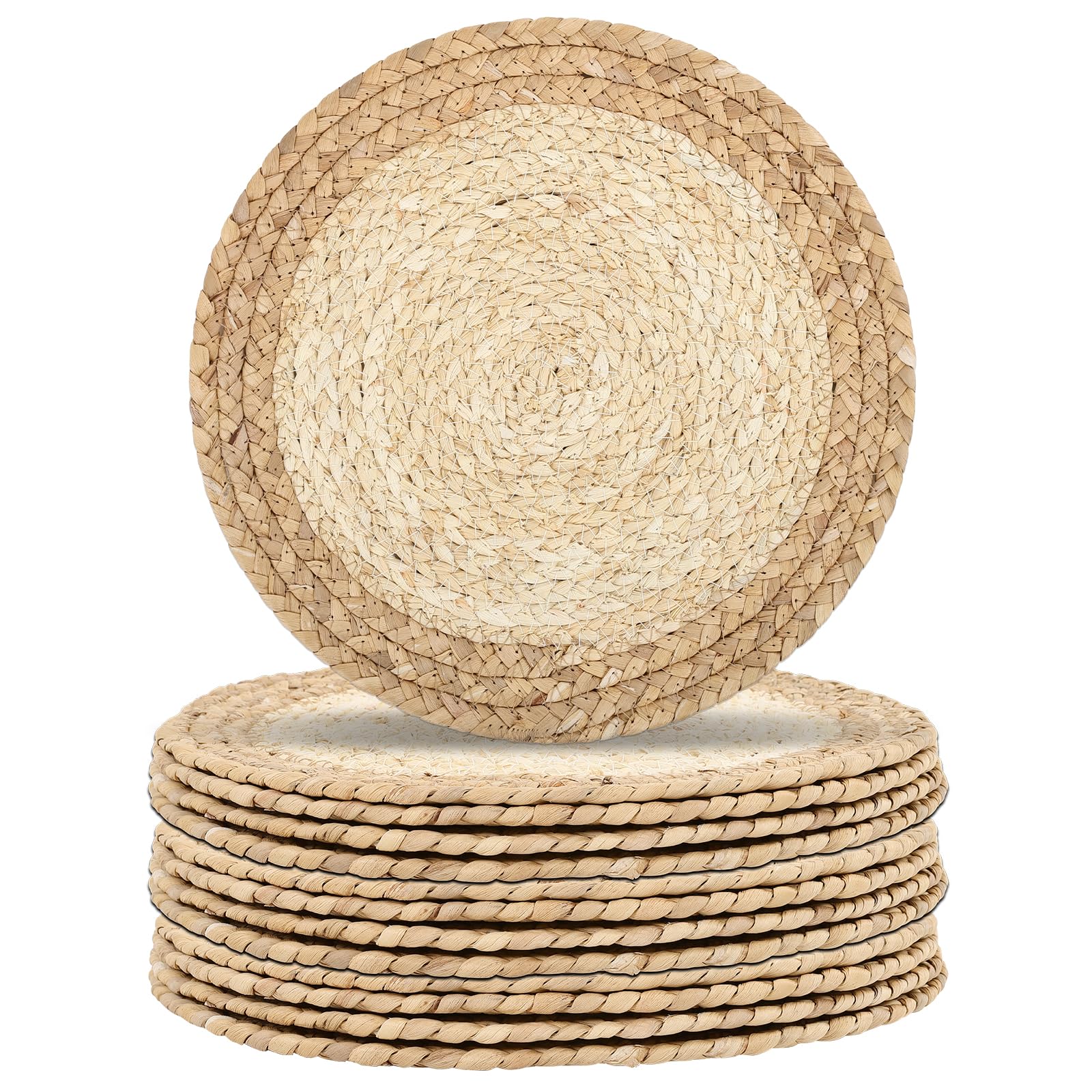 Photo 1 of SHACOS 12 inch Round Woven Placemats Set of 12 Natural Corn Husk Water Hyacinth Place Mats Rustic Boho Braided Straw Rattan Table Mats for Home Wedding Party Table Decor