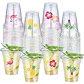 meekoo 100 Pack 12 oz Clear Disposable Luau Cups Hawaiian Flamingo Disposable Plastic Pineapple Tropical Cups for Party Luau and Tiki Party Supplies Birthday Bachelorette Drinkware Decorations