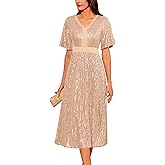 GRACE KARIN Women's Sequin V Neck Ruffle Sleeve Empire Waist Sparkly Glitter A Line Cocktail Formal Dresses