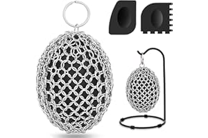 XIBIGEYE Cast Iron Scrubber & Scraper Set with Hook - Ergonomic 316 Chainmail Scrubber for Cast Iron Skillets, Dutch Oven, Baking Sheet, Crock Pot, Grills & More - Black Single Ring