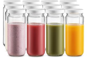 PAKSH NOVELTY Travel Glass Drinking Bottle Jar 16 Ounce [12-Pack] Plastic Airtight Lids, Reusable Glass Water Bottle for Juicing, Smoothies, Kombucha, Tea, Milk Bottles, Homemade Beverages Bottle