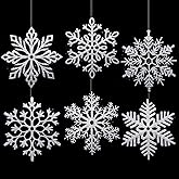 Sratte 6 Pcs 16 Inch Large Snowflake Ornaments,Giant Glitter Decorative Hanging Snowflakes,6 Designs Christmas Decorative Hanging Ornaments,Winter Window Decor with Nylon Thread (Silver)