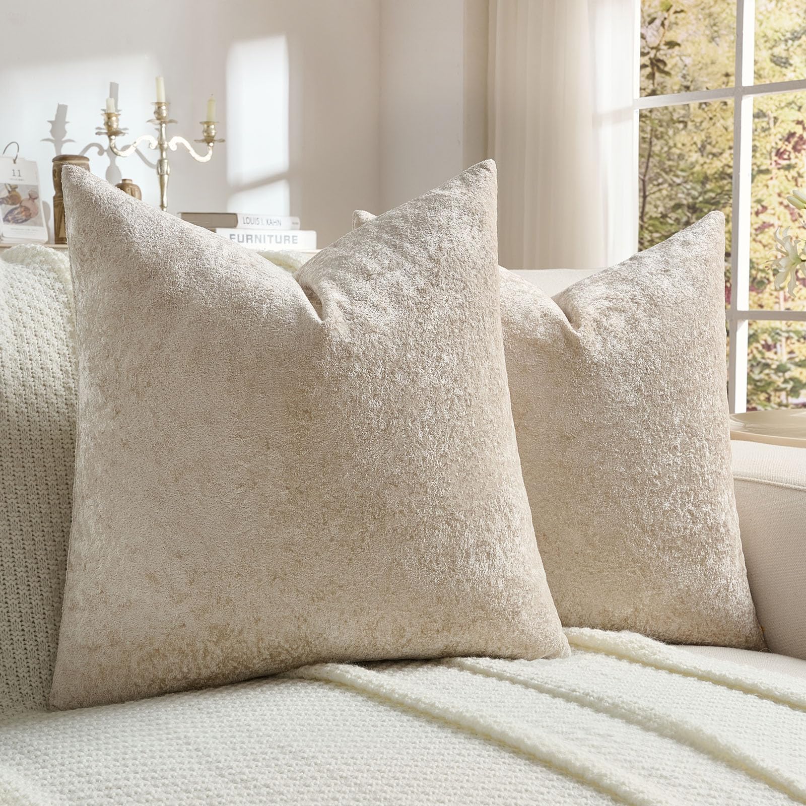 Photo 1 of *COVERS ONLY* FUTEI Beige Flannel Throw Pillow Covers 18x18 Inch Set of 2,Soft Crushed Dimensional Textured Cushion Cases,Modern Home Decor for Couch Living Room