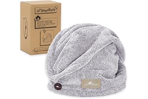 myHomeBody Hair Towel Wrap, Luxury Quick Drying Turban, Ultra Soft Absorbent Charcoal Fiber Cap, with Coconut Shell Button – Gray