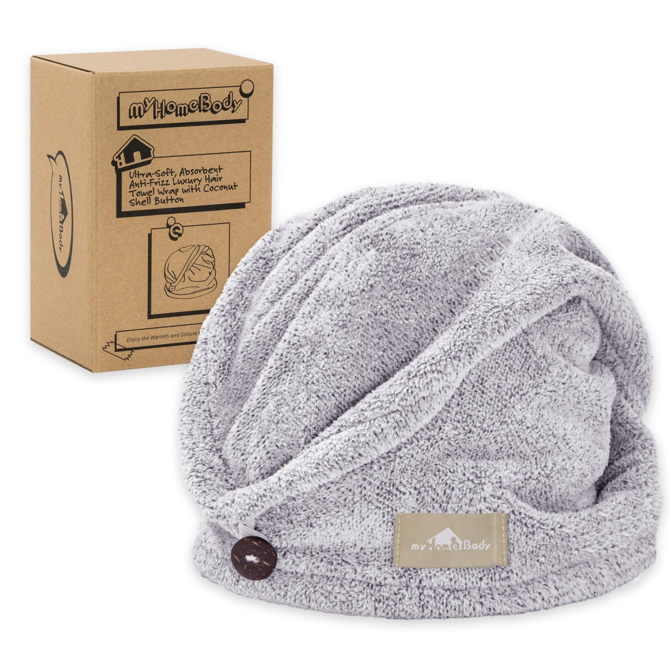 myHomeBody Hair Towel Wrap, Luxury Rapid-Dry Hair-Drying Turban, Ultra Soft and Quick Drying Absorbent Charcoal Fiber, with Coconut Shell Button - Gray