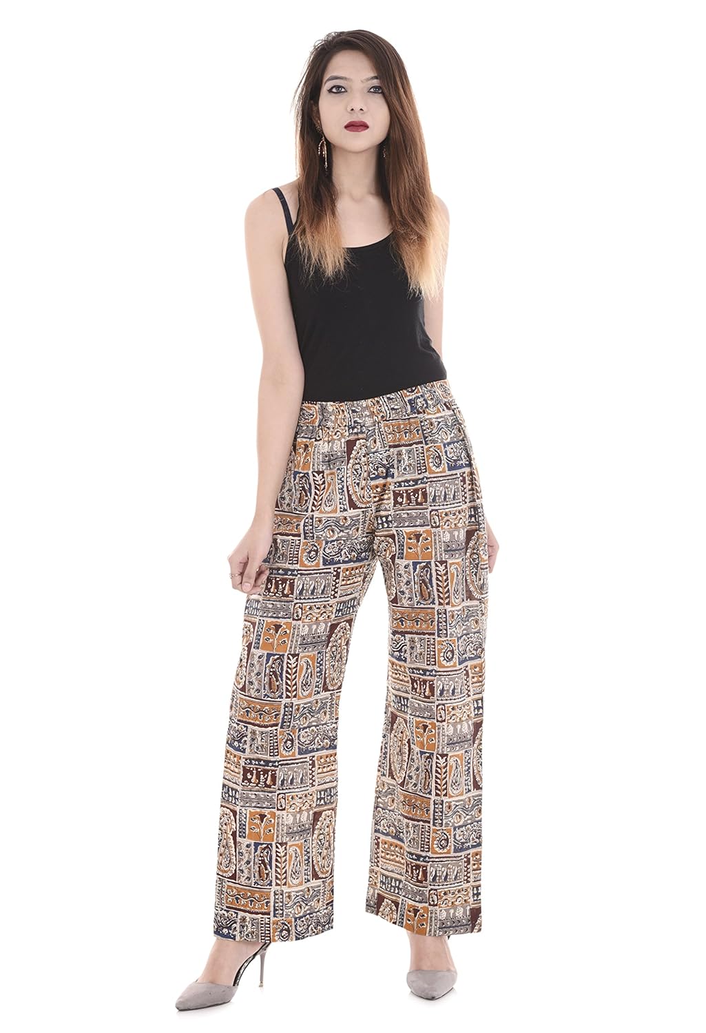 palakh women's cotton printed straight palazzo trouser (dark brown)