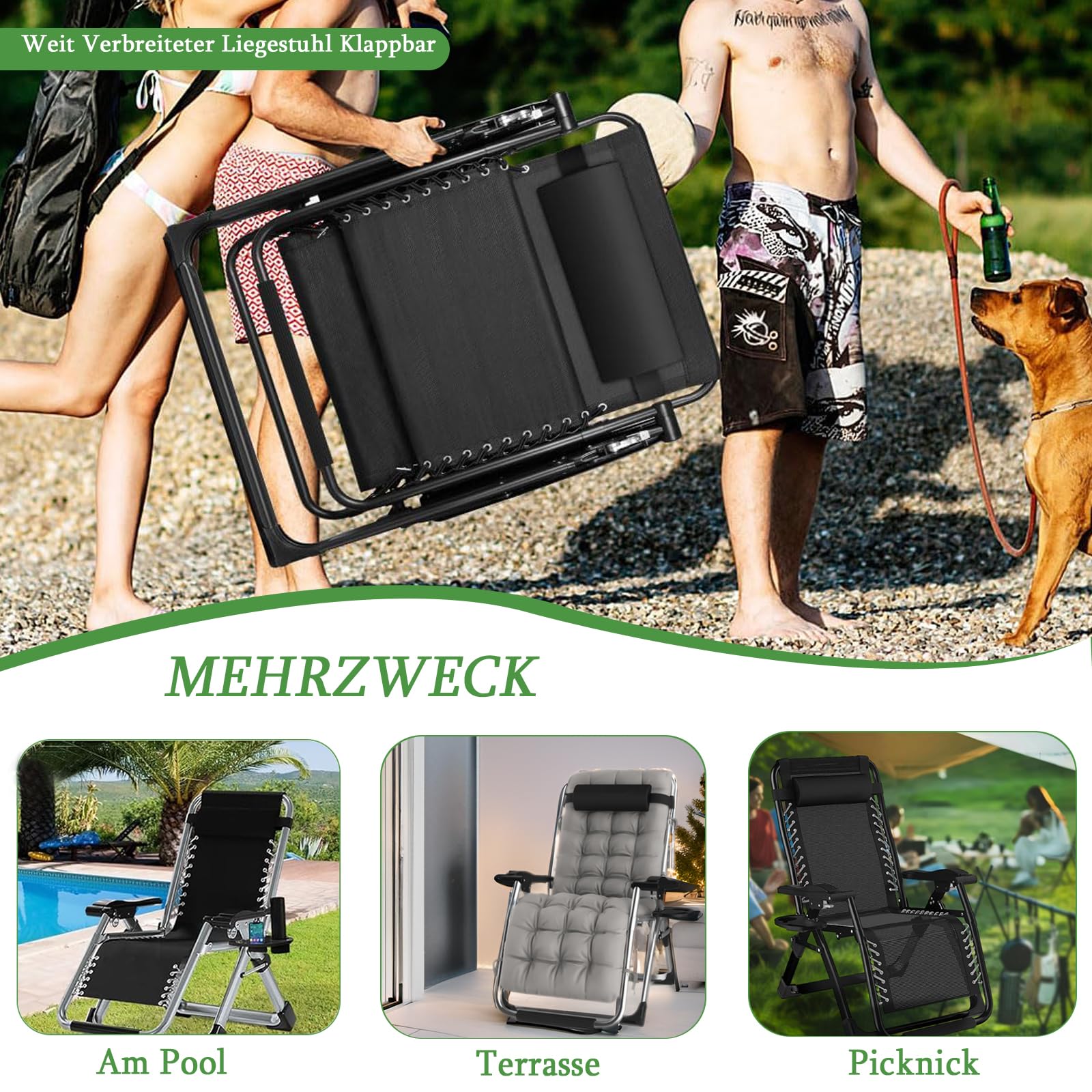haiorjun Sonnenliege Liegestuhl Klappbar 200kg Belastbar Klappbare Gartenliege mit Abnehmbare Kissen und Auflage, Extra Breite 72 cm Relaxliege Garten Verstellbare Rückenlehne Balkonliege 8