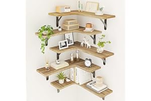 Fixwal Floating Shelves for Wall, Rustic Wood Wall Mounted Corner Shelf for Bathroom, Kitchen, Bedroom, Home Decor, Laundry Room, Living Room, Set of 5 (Carbonized Black)