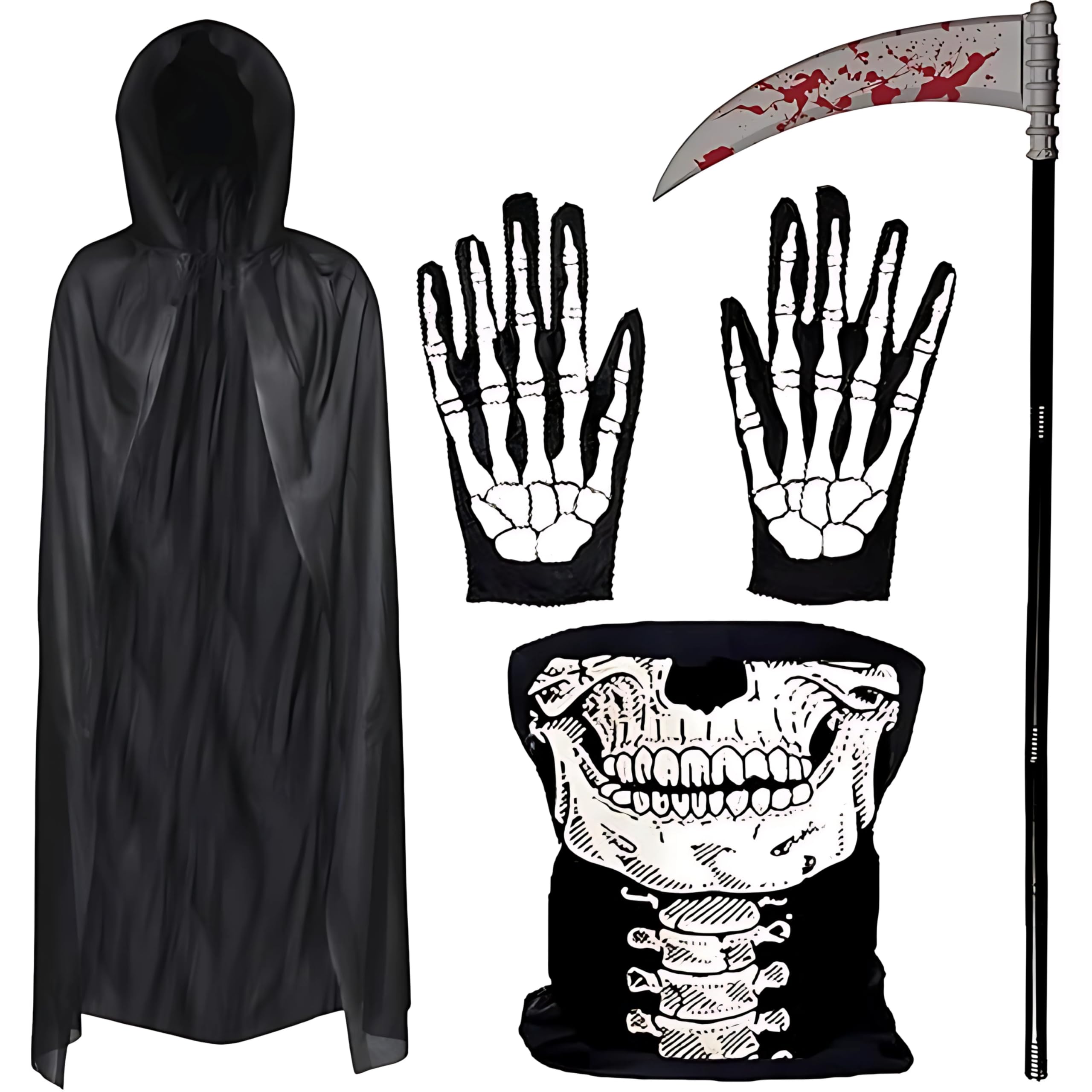 4pc Adult Grim Reaper Costume Accessories - Half Skull Mask, Bloody Scythe Prop, Skeleton Gloves and Hooded Black Cloak - Halloween Skeleton Phantom Grim Reaper Halloween Costumes for Men