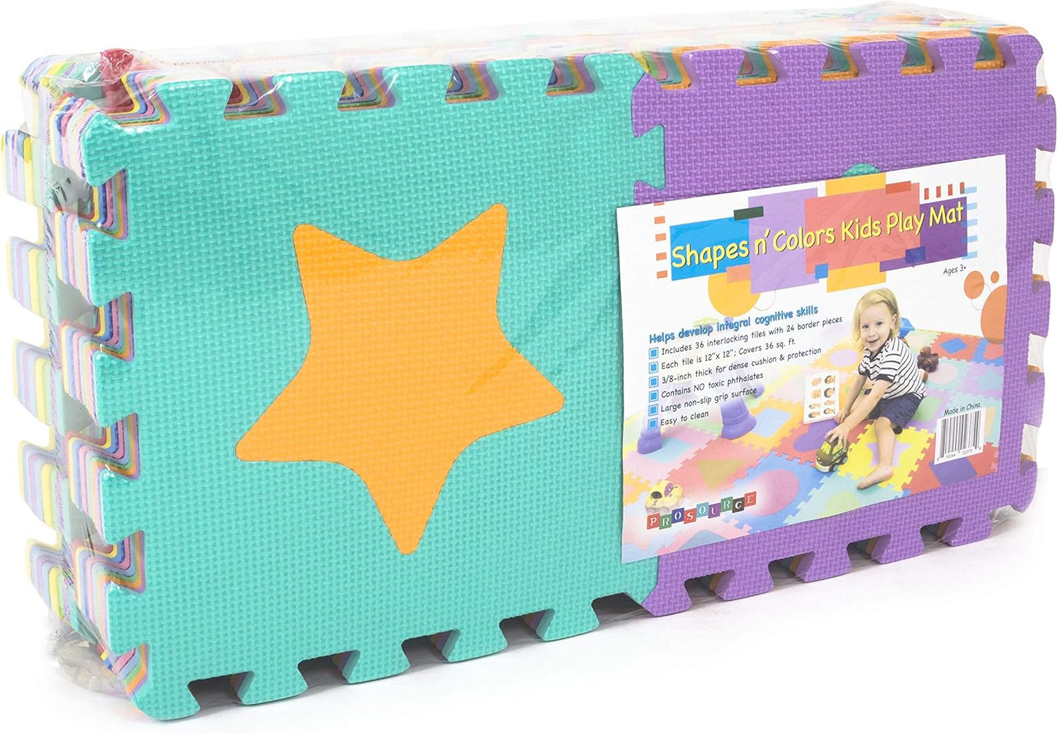 ProSource Kids Foam Puzzle Floor Play Mat with Shapes & Colors 36 Tiles, 12"x12" and 24 Borders: Sports & Outdoors