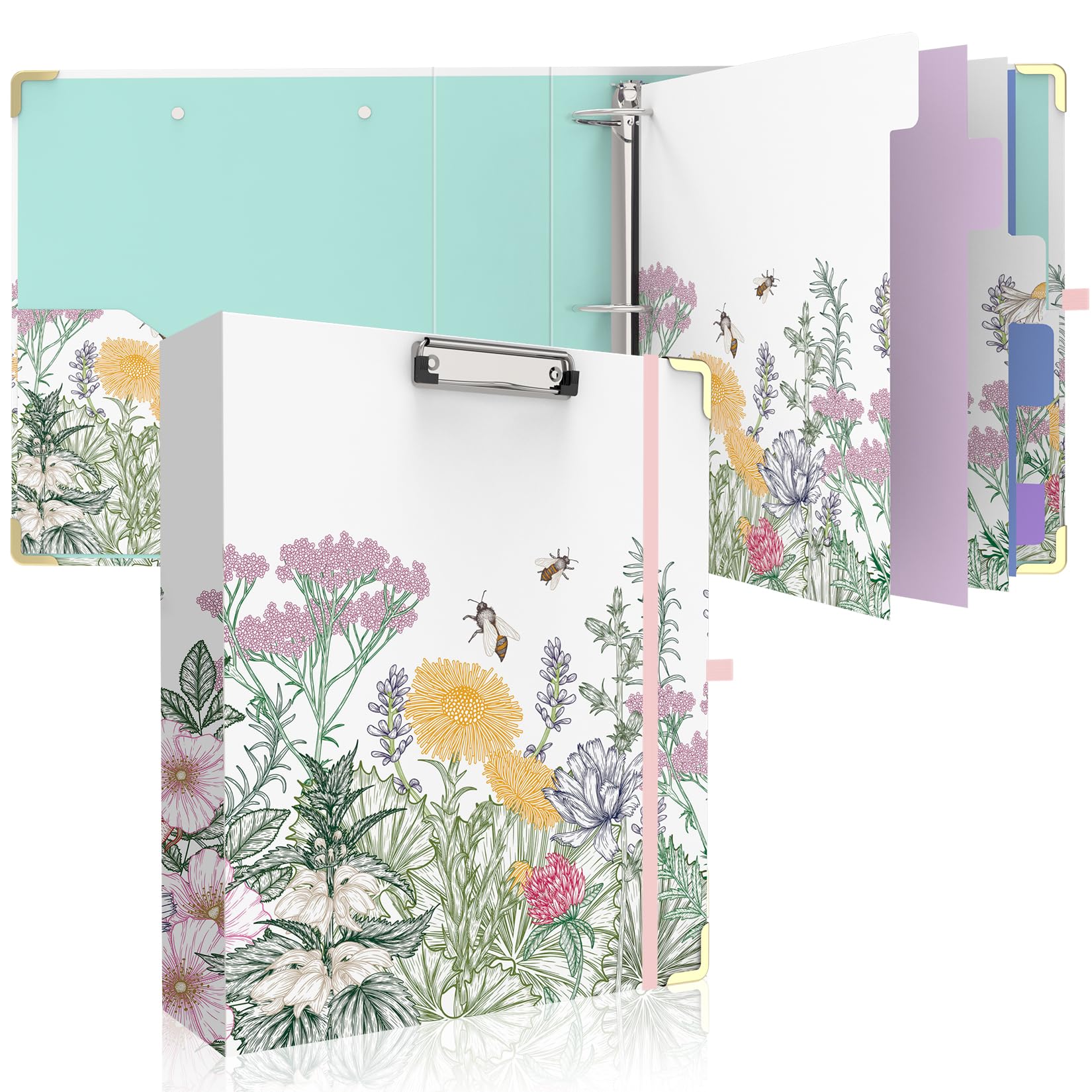 Photo 1 of 2 Inch 3 Ring Binder, Round Ring Binder with 6 Tab Dividers, 2 Interior Pockets, Cute Binders Clipboard with Storage for Letter-Size, Folders Organizer for School Office, Portfolio (Wild Flowers)