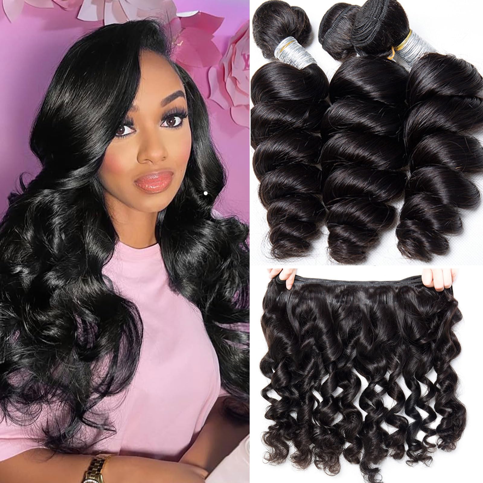 Huarisi Loose Wave Bundles (10 12 14 Inch) 3 Bundles Wavy Human Hair Weaves Extensions 10A Unprocessed Brazilian Virgin Hair Sew in Natural Color for Black Women โ image 1